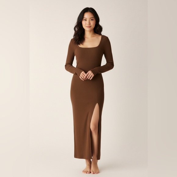 Na-Kd Dresses & Skirts - Na-Kd Ribbed Long Sleeve Brown Dress
